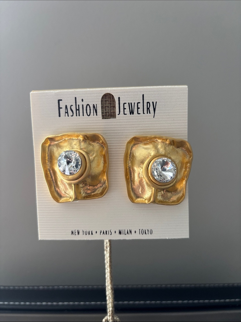 90’s Vintage DeadStock Gold Square with Round Crystal Clip On Earrings